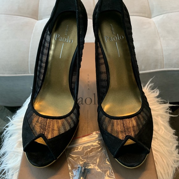 Paolo Linea Black Suede and Mesh, Gold Platform High Heels. US Size 8 - Picture 7 of 8